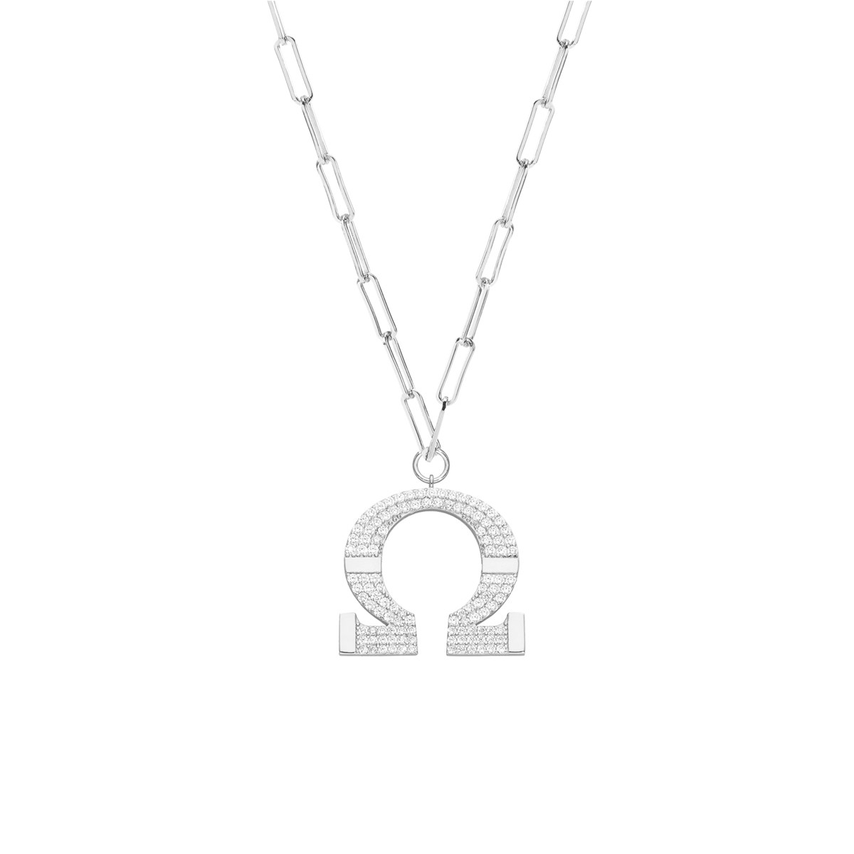 Collier Chaine Argent Omega Serti De Zirconiums Blancs