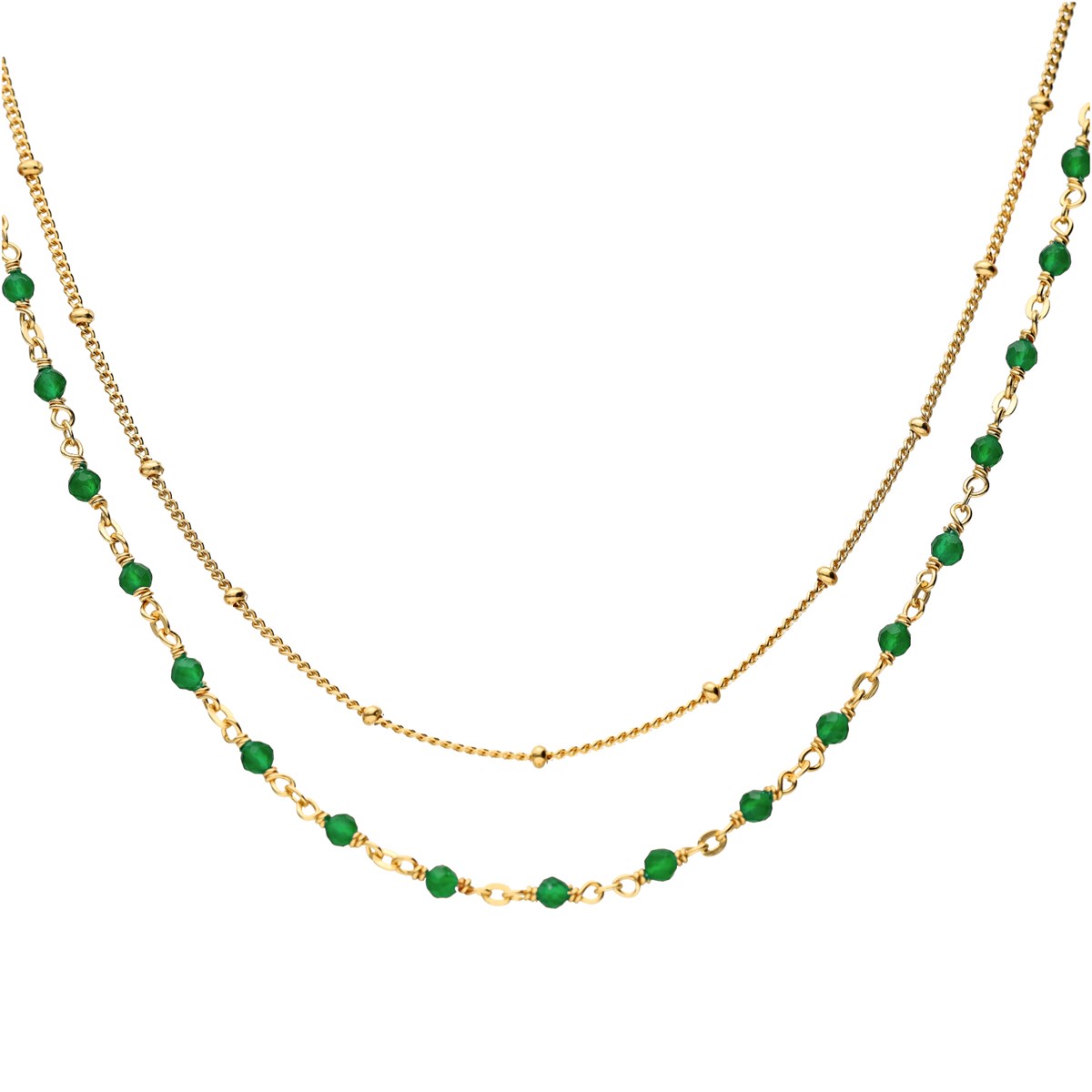 Collier Argent Doré Double Chaine Et Pierres Naturelles Onyx Vert