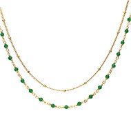 Collier Argent Doré Double Chaine Et Pierres Naturelles Onyx Vert