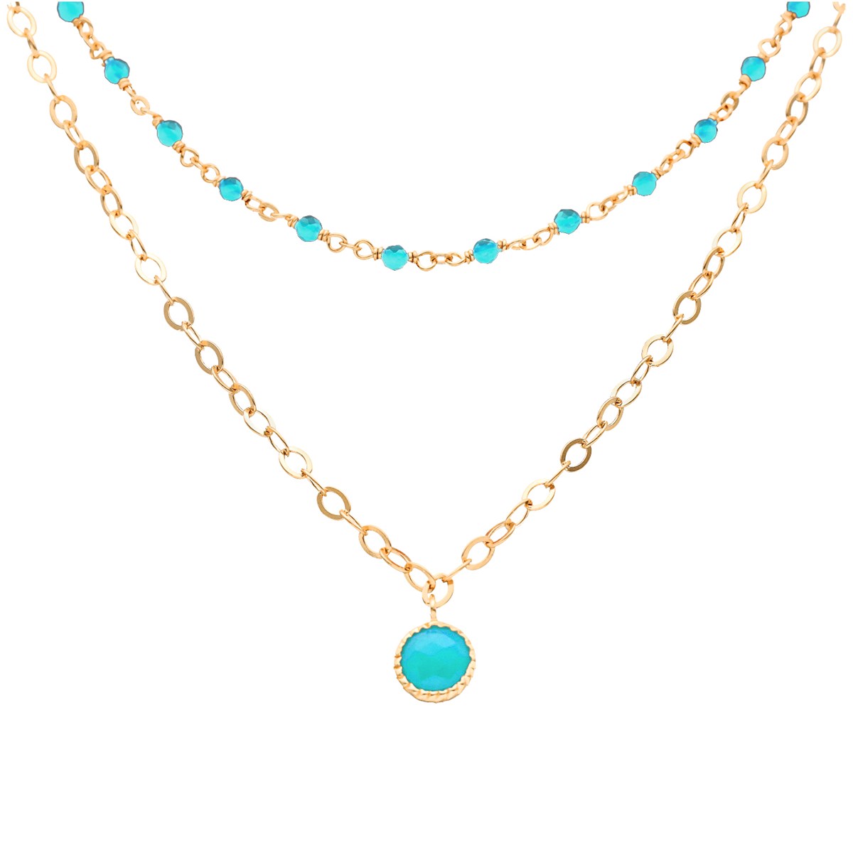 Collier Argent Doré Double Chaine Pampille Et Pierres Turquoise