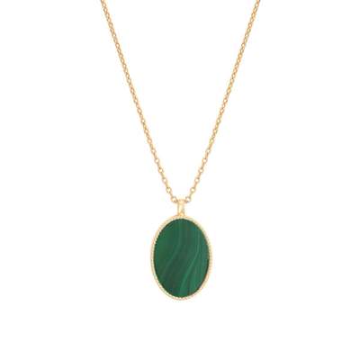 Collier Pendentif Doré Vieilli Avec Malachite Verte Véritable - Ovale Goutte
