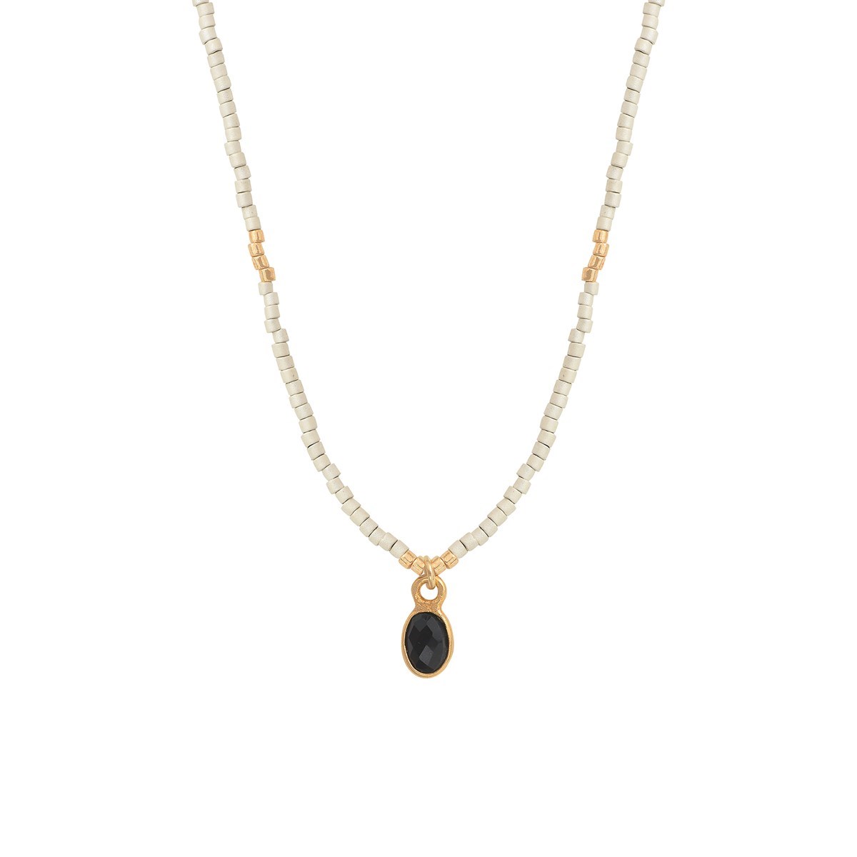 Collier perles miyuki blanches pierre agate noire LITTLE INDIA