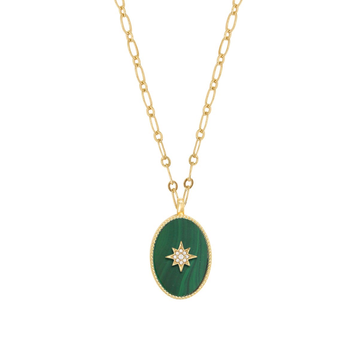 Collier malachite et étoile zircons doré à l'or fin 24k SALOMÉ