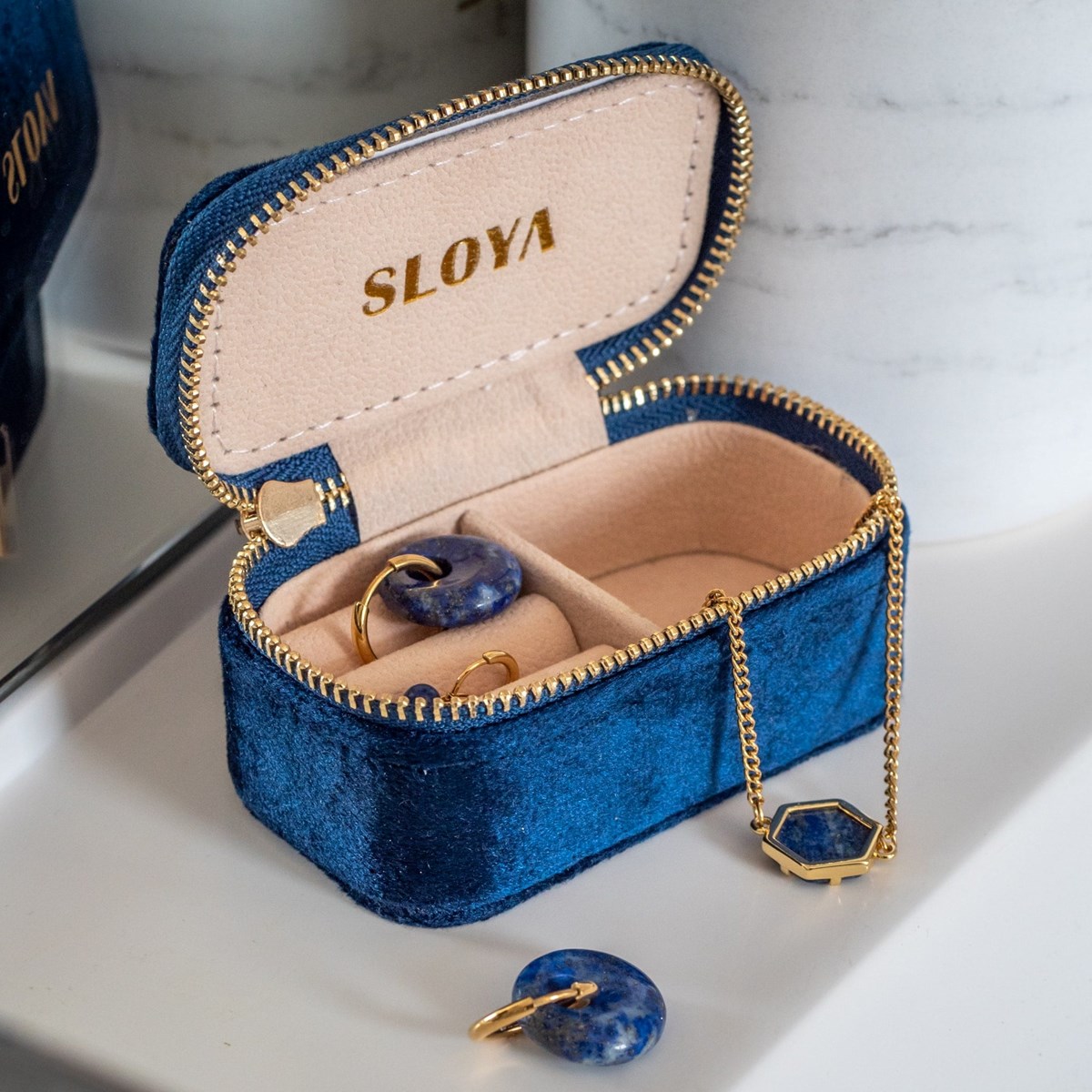 Mini boîte à bijoux velours bleu lapis-lazuli - vue 3
