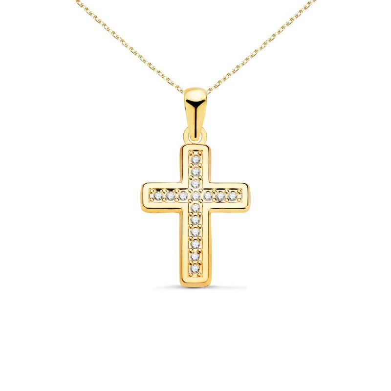 Collier - Médaille Croix Or 18 Carats 750/000 Jaune et Zirconiums - Chaine Dorée