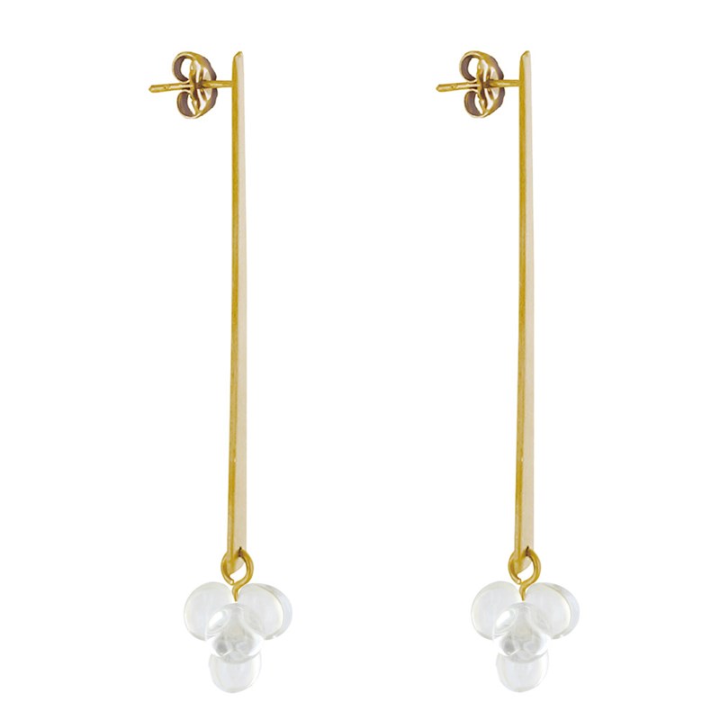 Boucles d'Oreilles Clous Laiton Rectangle Plat et Bouquet de Perles de Verre - vue 3