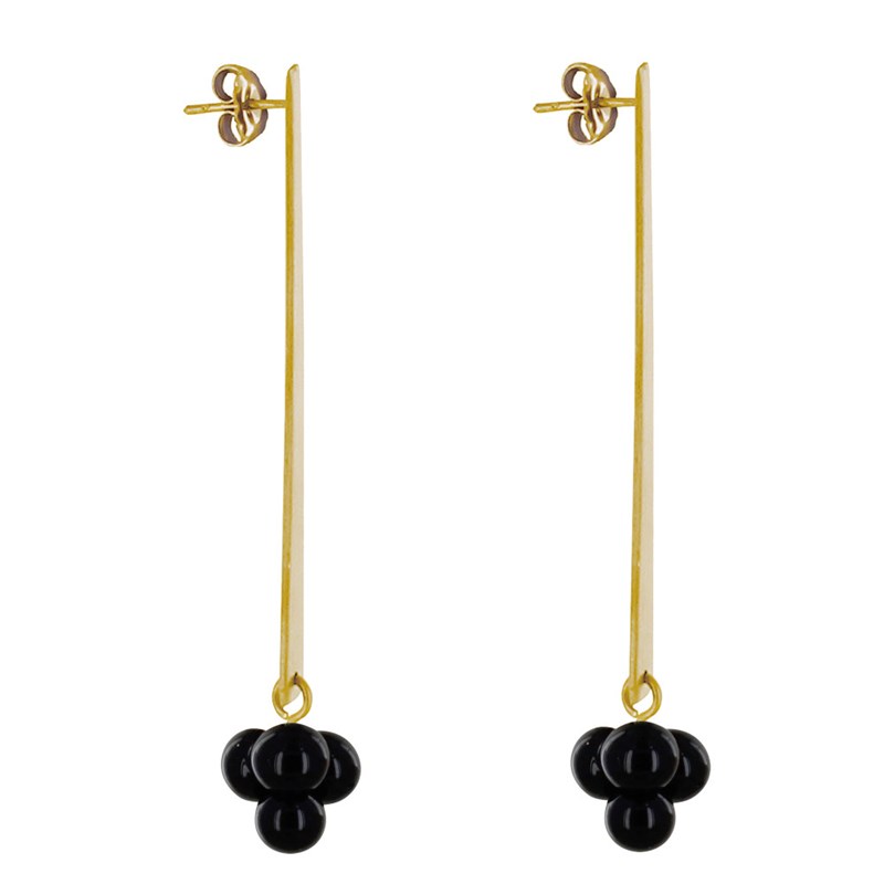 Boucles d'Oreilles Clous Laiton Rectangle Plat et Bouquet de Perles de Verre - vue 3