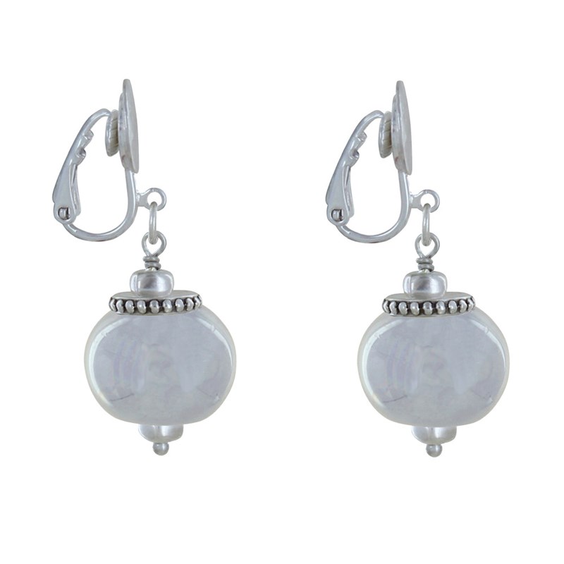 Boucles d'Oreilles Clip Métal Argenté et Grosses Perles en Céramique - vue 3