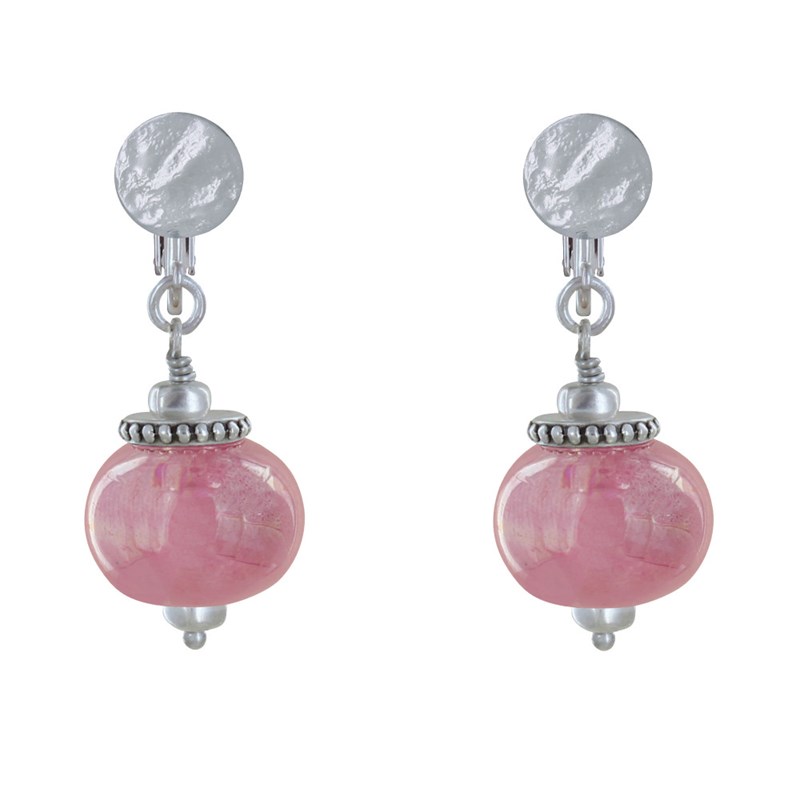 Boucles d'Oreilles Clip Métal Argenté et Grosses Perles en Céramique - vue 2