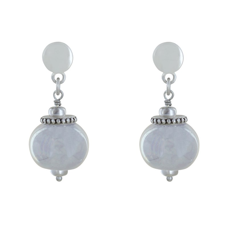 Boucles d'Oreilles Clous Métal Argenté et Grosses Perles en Céramique - vue 2