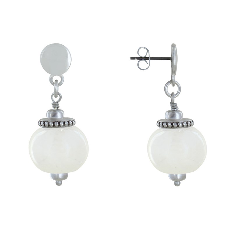 Boucles d'Oreilles Clous Métal Argenté et Grosses Perles en Céramique