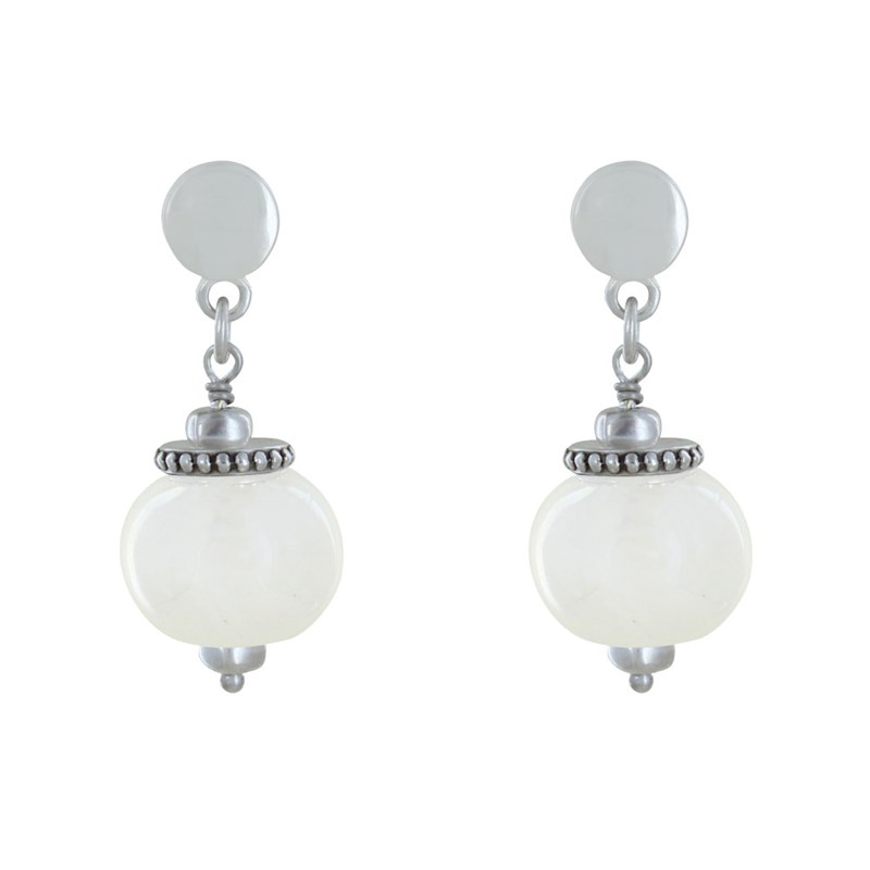 Boucles d'Oreilles Clous Métal Argenté et Grosses Perles en Céramique - vue 2
