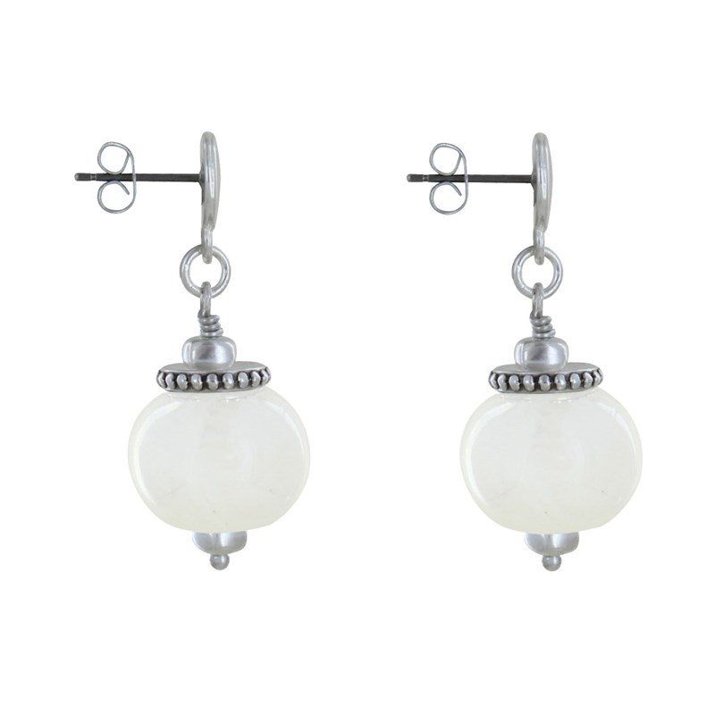 Boucles d'Oreilles Clous Métal Argenté et Grosses Perles en Céramique - vue 3