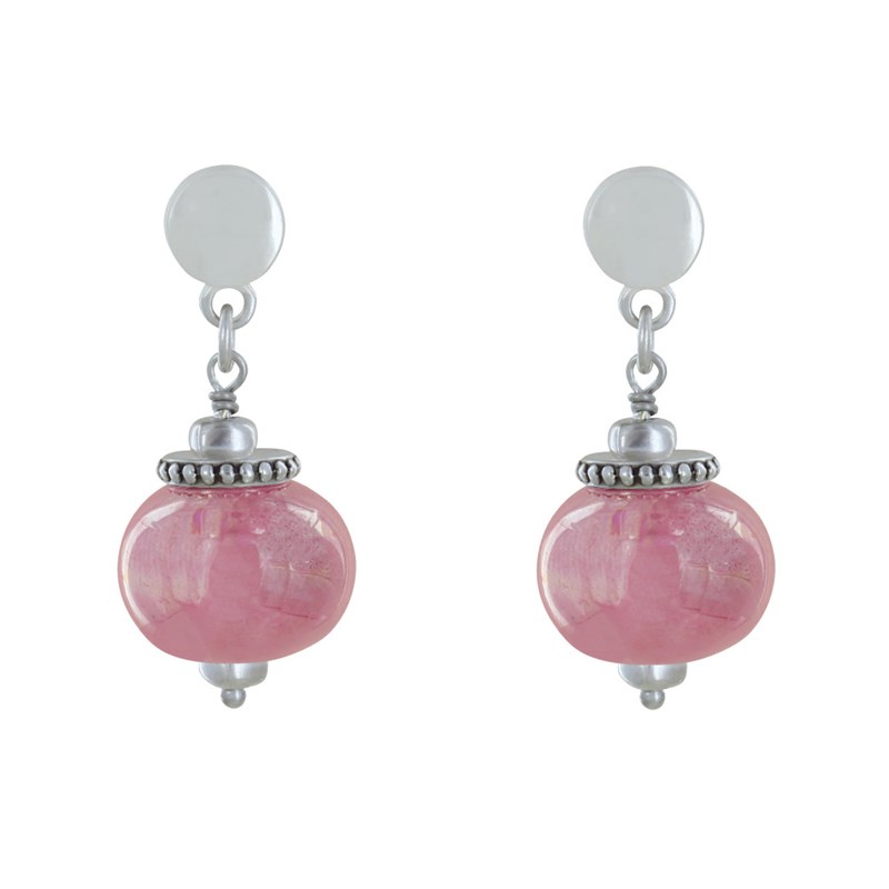 Boucles d'Oreilles Clous Métal Argenté et Grosses Perles en Céramique - vue 2