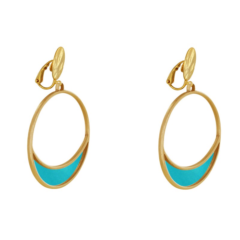 Boucles d'Oreilles Clip Métal Doré Cercle et Croissant de Lune Translucide Coloré - vue 3