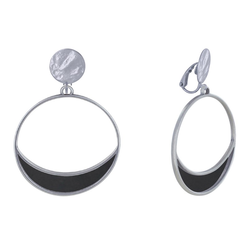 Boucles d'Oreilles Clip Métal Argenté Cercle et Croissant de Lune Translucide Coloré