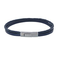 Bracelet Acier Homme Cuir Plat Texturé et Tréssé Rond Bleu Navy - taille 20 cm