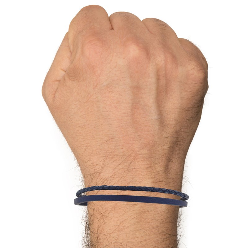 Bracelet Acier Homme Cuir Plat Texturé et Tréssé Rond Bleu Navy - taille 20 cm - vue 2