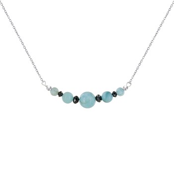 Rhodium 925 Silver Chain Necklace Five Larimar Pearls and Four Faceted Black Diamonds