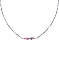 Collier Chaine Argent 925 Rhodié Sept Perles Facettées de Tourmaline Rose et Un Diamant Noir Facettée