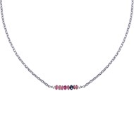 Collier Chaine Argent Rhodié Sept Perles Facettées de Tourmaline Rose et Un Diamant Noir Facettée