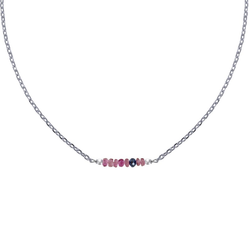Collier Chaine Argent Rhodié Sept Perles Facettées de Tourmaline Rose et Un Diamant Noir Facettée