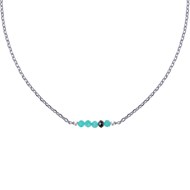 Collier Chaine Argent 925 Rhodié Quatre Perles Facettées d'Amazonite et Un Diamant Noir Facettée