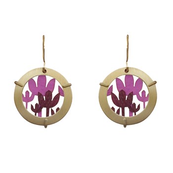 Boucles d'Oreilles Laiton Anneau et Fleurs en Cuir