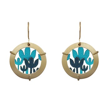 Boucles d'Oreilles Laiton Anneau et Fleurs en Cuir