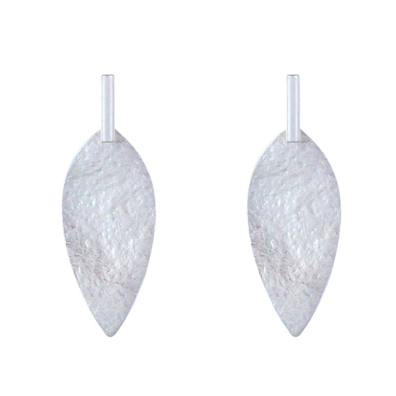 Boucles d'Oreilles Laiton Argenté Tige et Feuille Martelée - vue 2