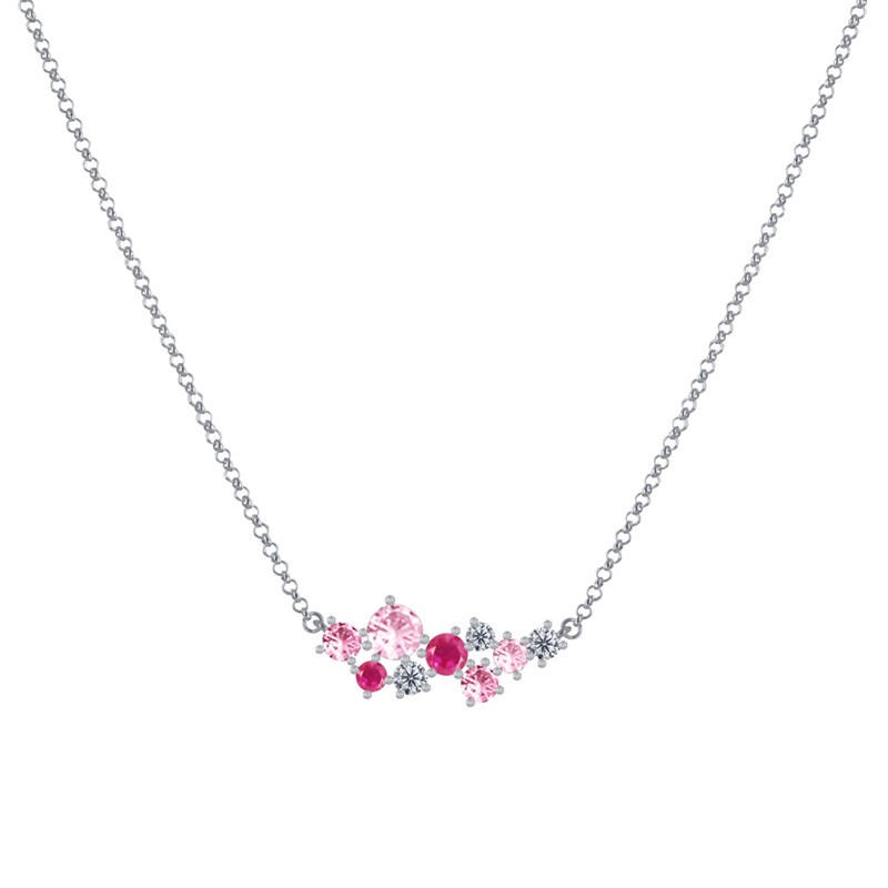 Collier Argent Rhodié 9 Strass Ronds - Fuchsia