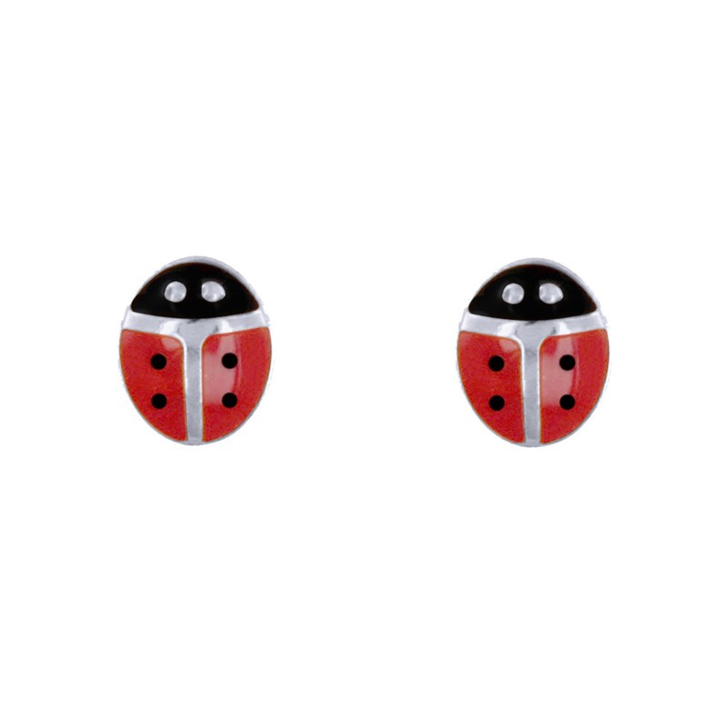 Boucles d'Oreilles Clous Argent Coccinelle Rouge et Noire - vue 2