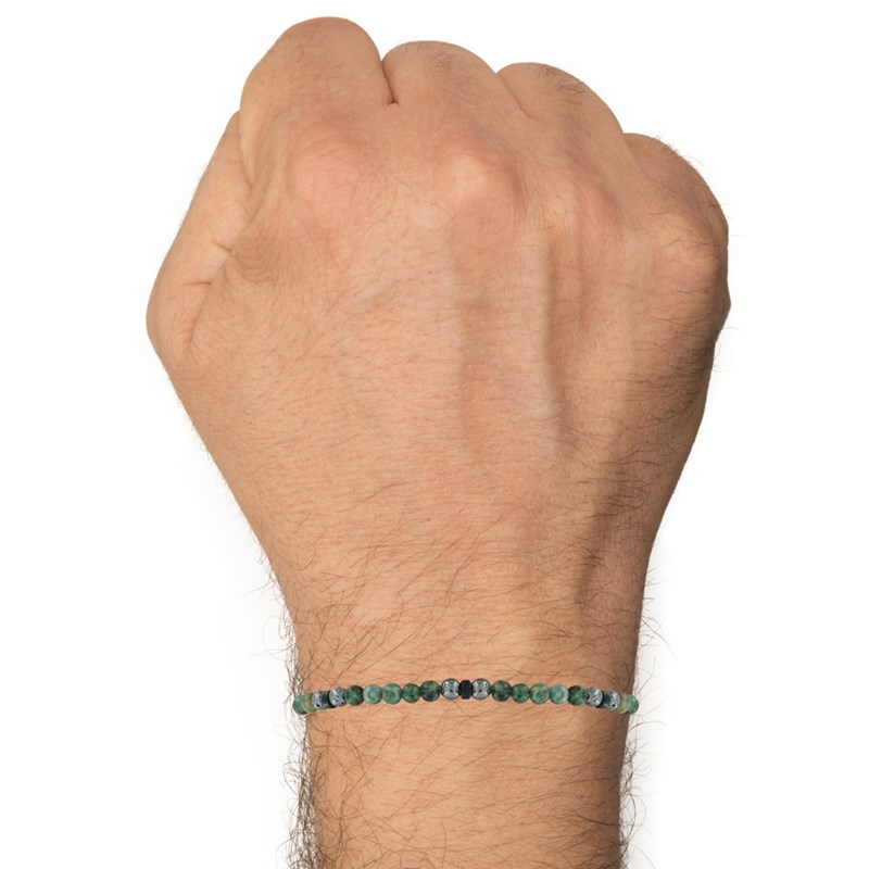 Bracelet Lien Homme Perles Rondes Acier et Turquoise Vertes - taille 20 cm - vue 2