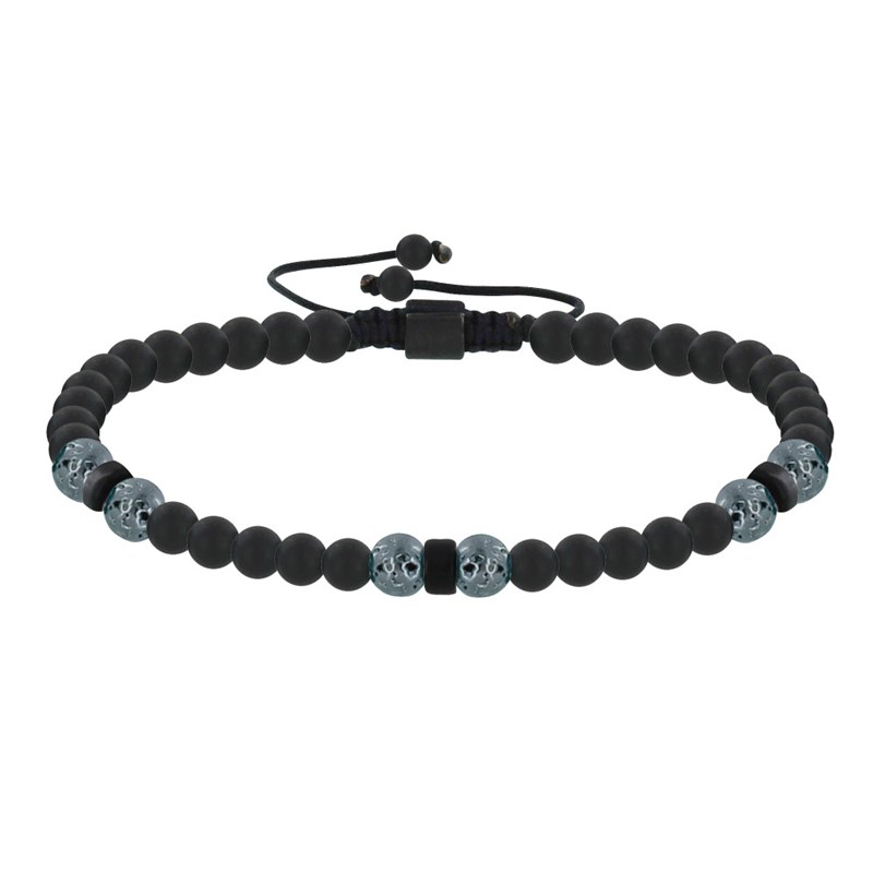 Bracelet Lien Homme Perles Rondes Acier et Onyx Noir - taille 18 cm