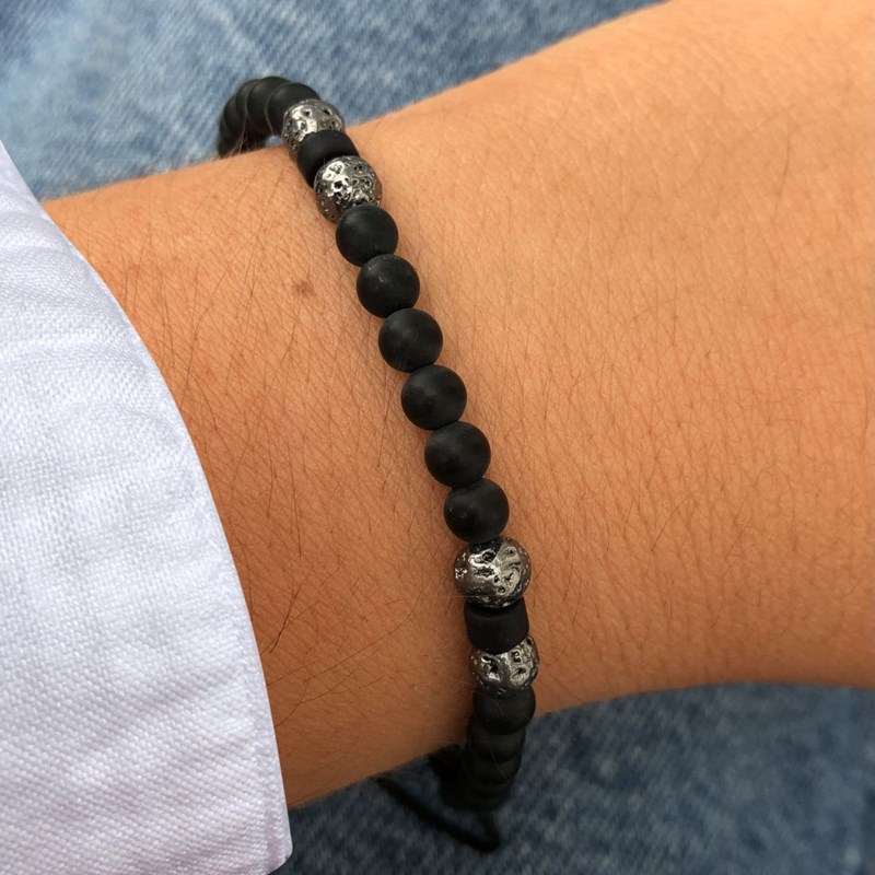 Bracelet Lien Homme Perles Rondes Acier et Onyx Noir - taille 18 cm - vue 3