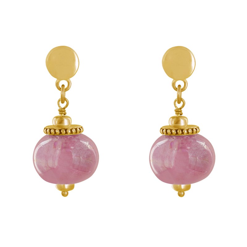 Boucles d'Oreilles Clous Métal Doré et Grosses Perles en Céramique - vue 2