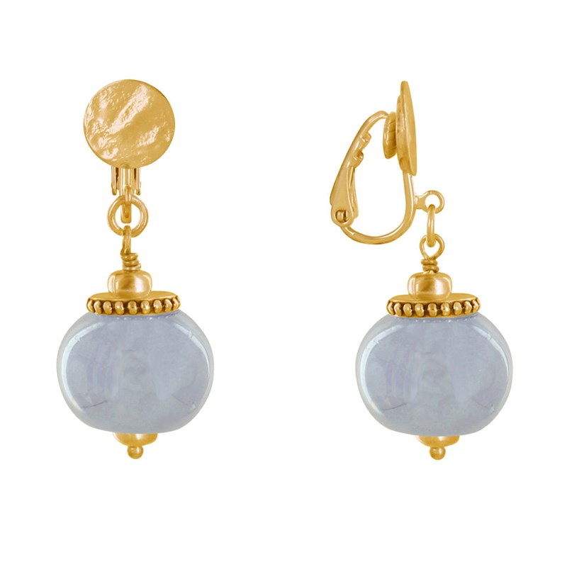 Boucles d'Oreilles Clip Métal Doré et Grosses Perles en Céramique