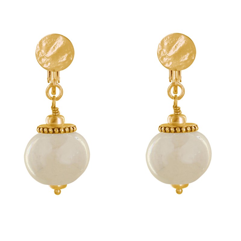 Boucles d'Oreilles Clip Métal Doré et Grosses Perles en Céramique - vue 2