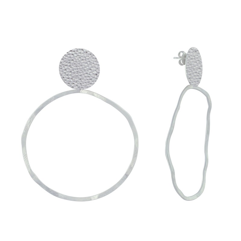 Boucles d'Oreilles Clous Laiton Mat Pastille Martelée et Anneau Vague