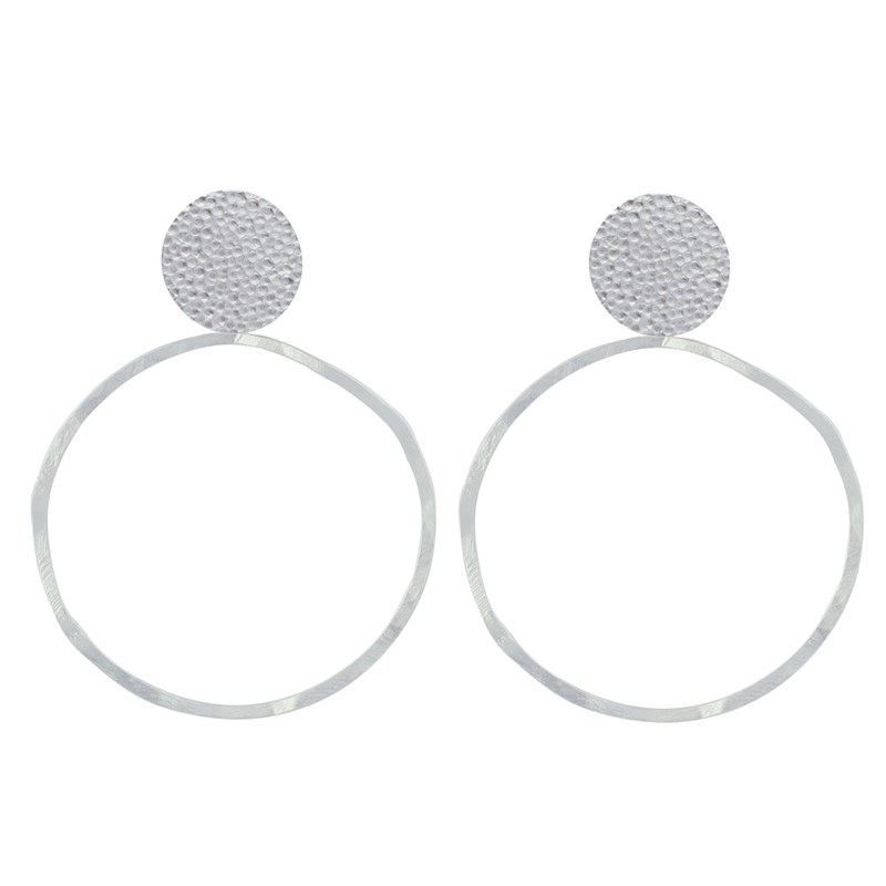 Boucles d'Oreilles Clous Laiton Mat Pastille Martelée et Anneau Vague - vue 2