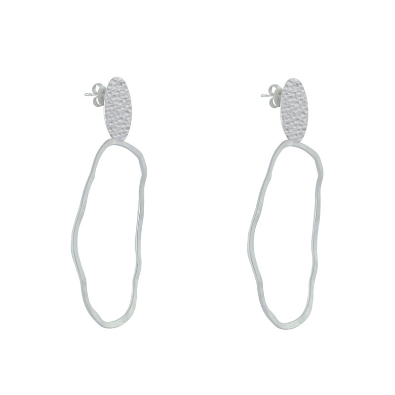 Boucles d'Oreilles Clous Laiton Mat Pastille Martelée et Anneau Vague - vue 3