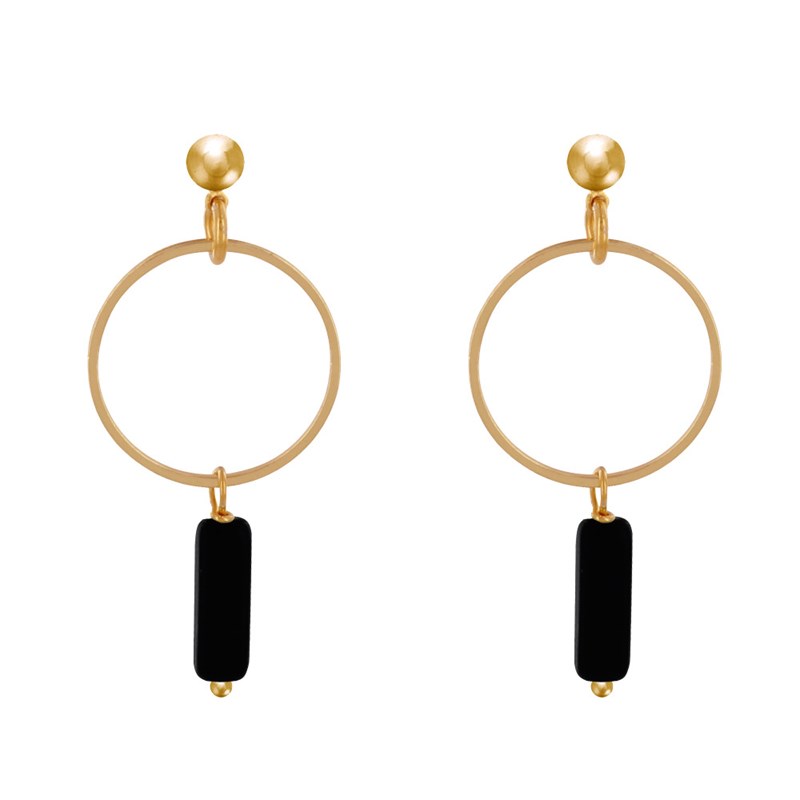 Boucles d'Oreilles Doré Cercle et Perle Rectangulaire - vue 2