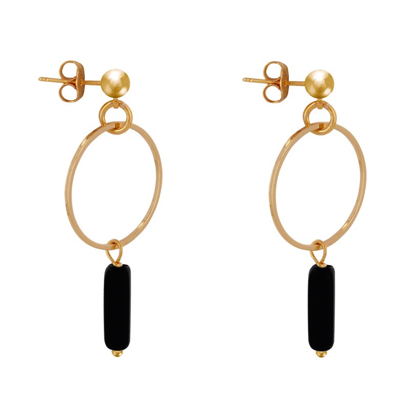 Boucles d'Oreilles Doré Cercle et Perle Rectangulaire - vue 3