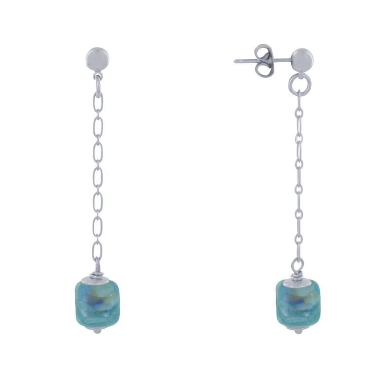 Boucles d'Oreilles Chainette Laiton Argenté et Cube en Céramique