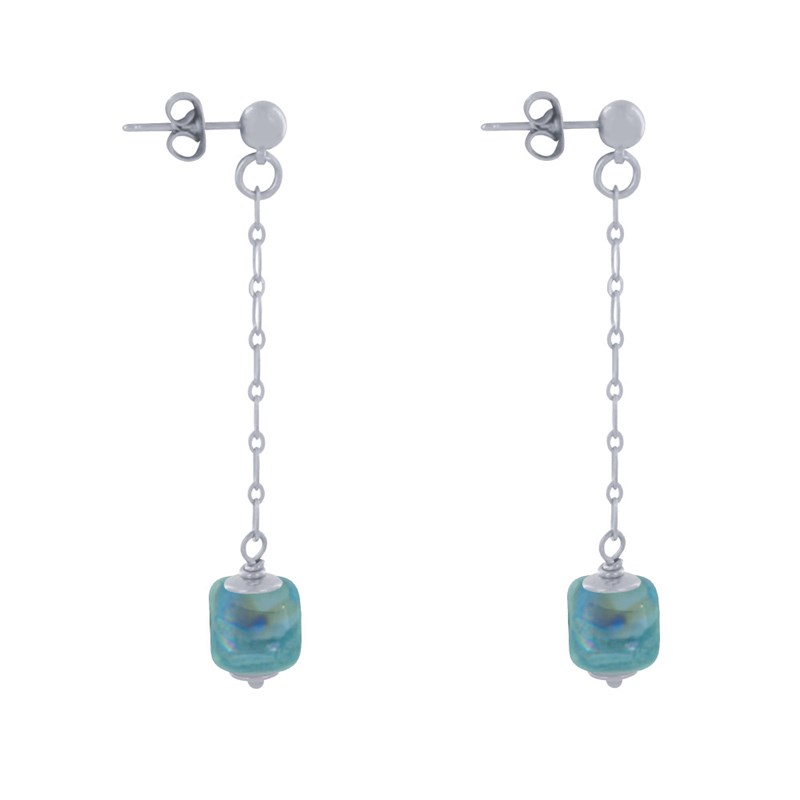 Boucles d'Oreilles Chainette Laiton Argenté et Cube en Céramique - vue 3