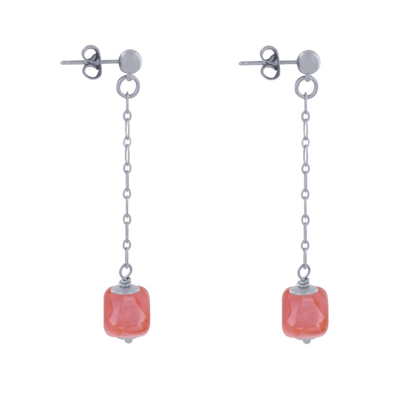 Boucles d'Oreilles Chainette Laiton Argenté et Cube en Céramique - vue 3