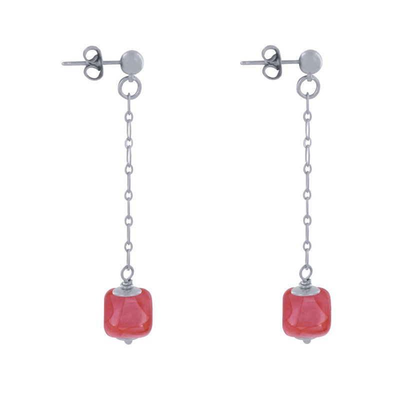 Boucles d'Oreilles Chainette Laiton Argenté et Cube en Céramique - vue 3