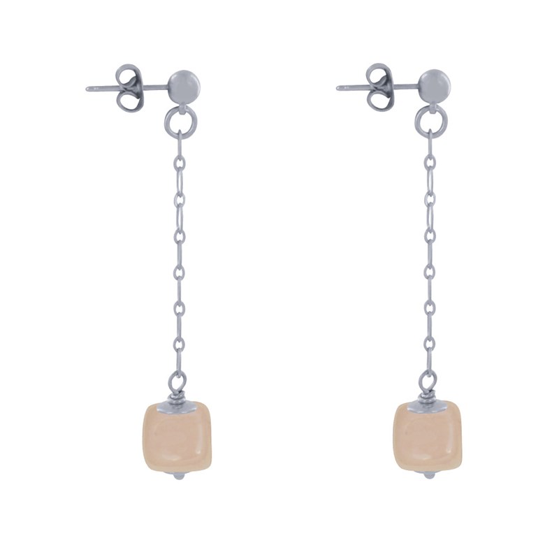 Boucles d'Oreilles Chainette Laiton Argenté et Cube en Céramique - vue 3