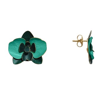 Boucles d'Oreilles Clous Laiton Orchidée en Cuir