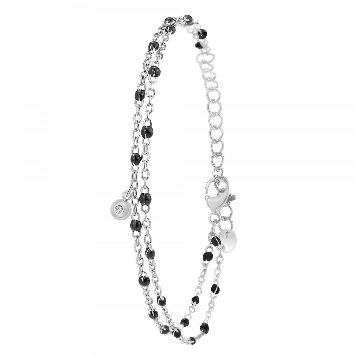 Bracelet double tour orné d'un véritable diamant et de perles en résine noires SC Crystal blanc